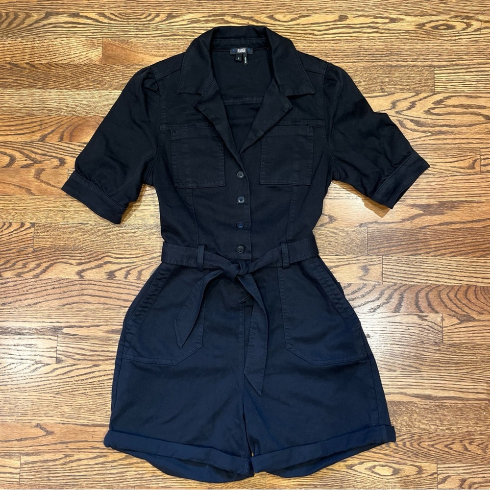 Paige Mayslie Black Romper Women’s Size 8 Multiple Pockets, Belted, Button Up
